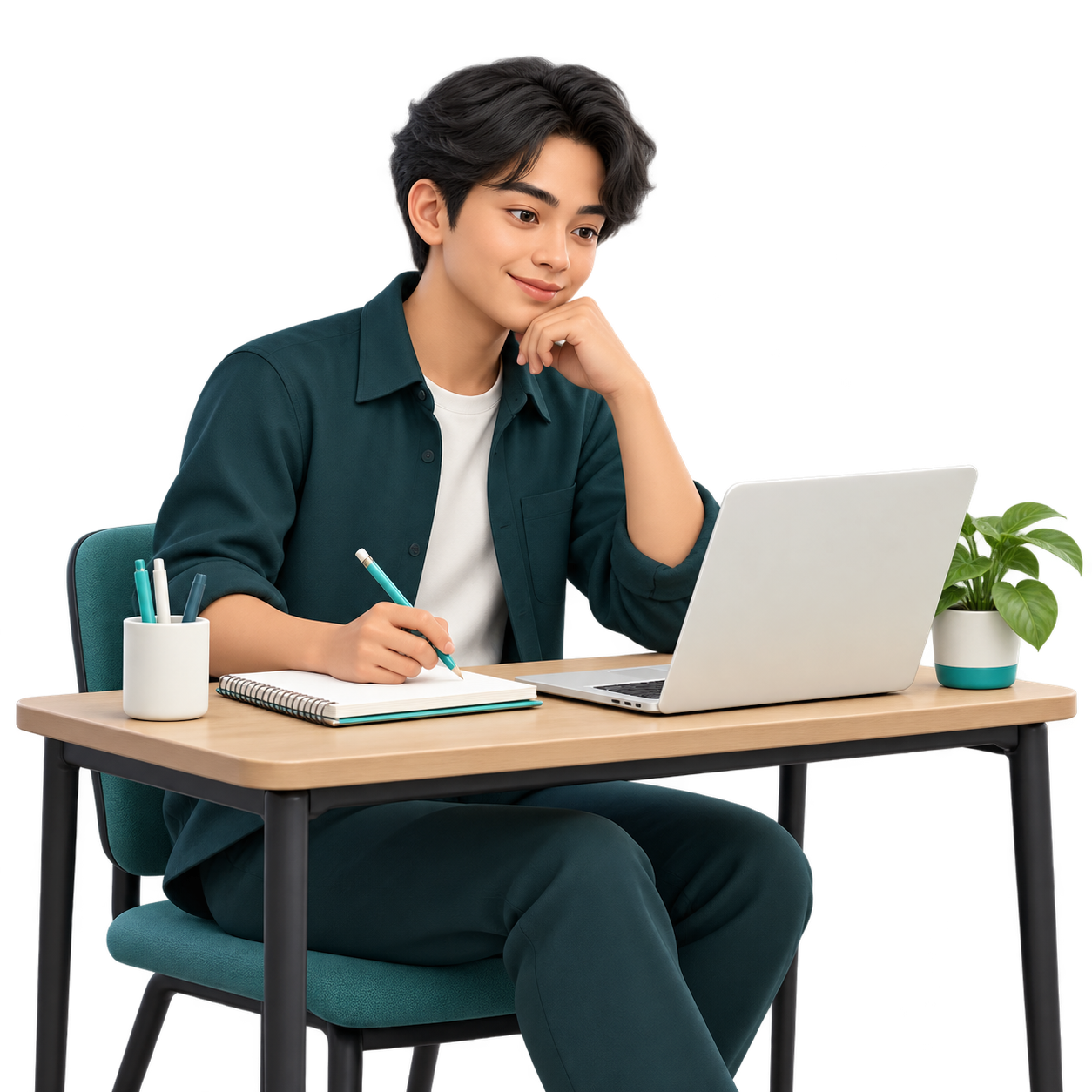 Ilustrasi profesional Asia belajar dengan laptop dan buku catatan